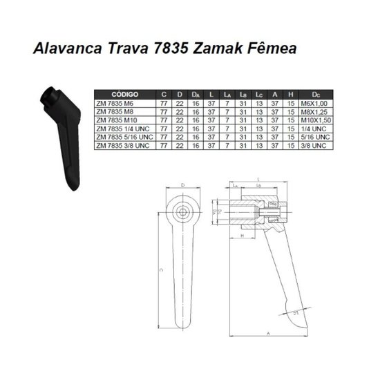 Manipulo Alavanca Trava Fêmea M10 - Ma 1,50 Zamak 7835 5 Und