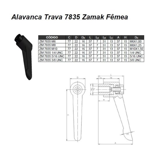 Manipulo Alavanca Trava Fêmea M10 - Ma 1,50 Zamak 7835 6 Und