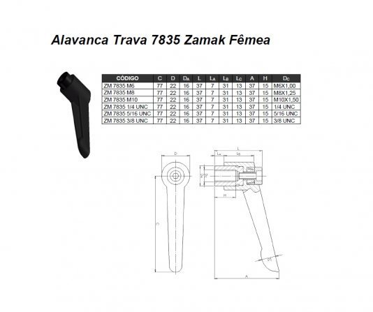 Manipulo Alavanca Trava Fêmea M12 - MA 1,75 Zamak 8 Unidade