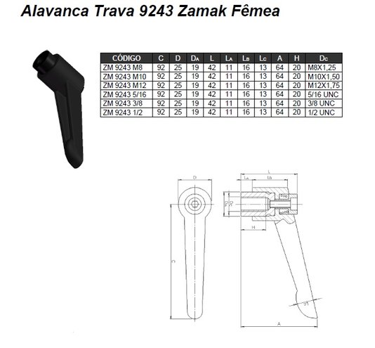 Manipulo Alavanca Trava Fêmea M12 - Ma 1,75 Zamak 9243