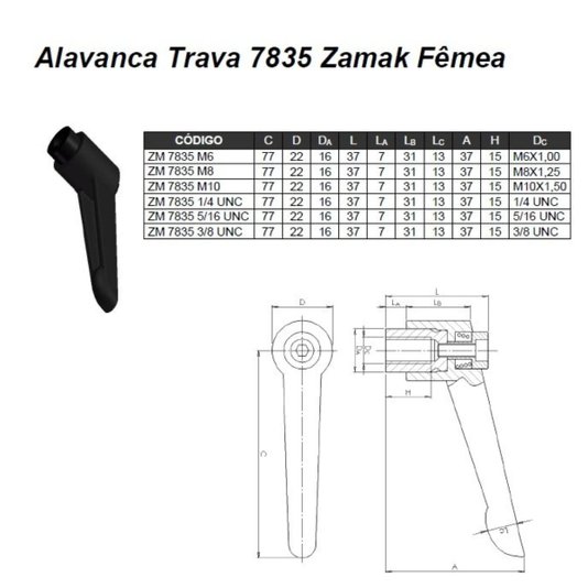 Manipulo Alavanca Trava Fêmea M8 - Ma 1,25 Zamak 7835 2 Und