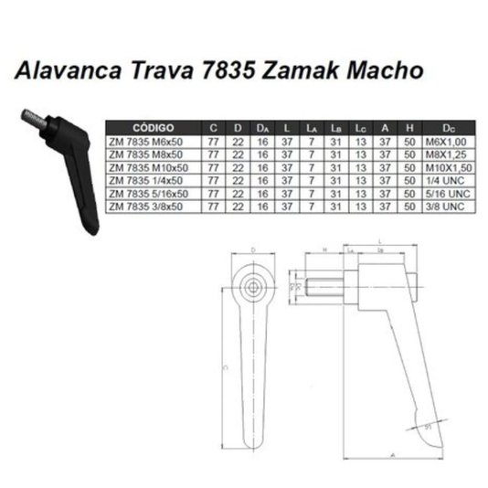 Manipulo Alavanca Trava Macho Zamak 7835 1/2X50mm 3 Unidade