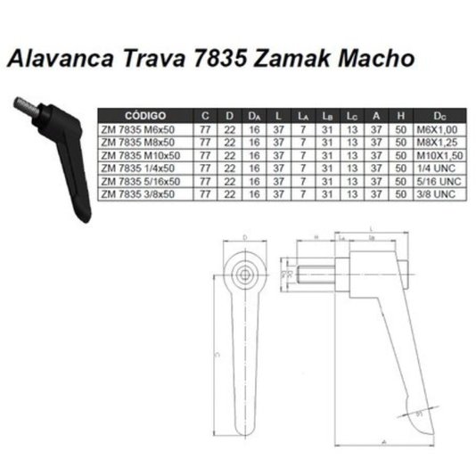 Manipulo Alavanca Trava Macho 3/8 x 50mm Zamak - 5 Unidade