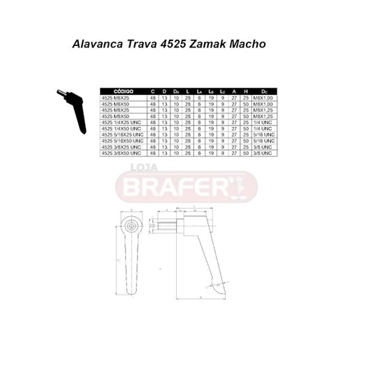 Manipulo Alavanca Trava Macho Mini M6 X 20mm Zamak 4525