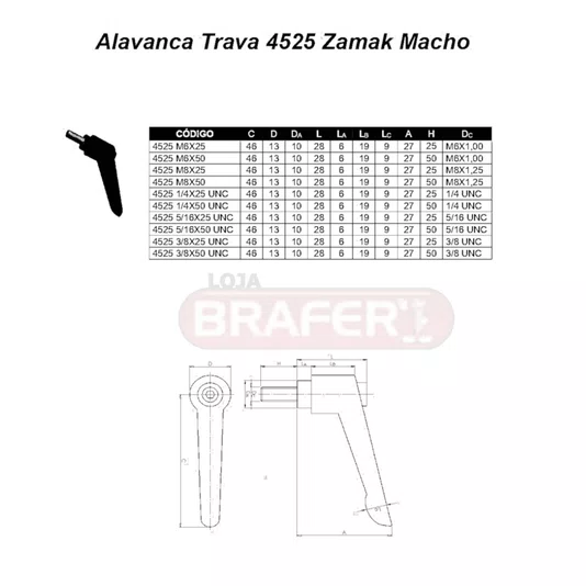 Manipulo Alavanca Trava Macho M6x50mm 4525 2 Unidade