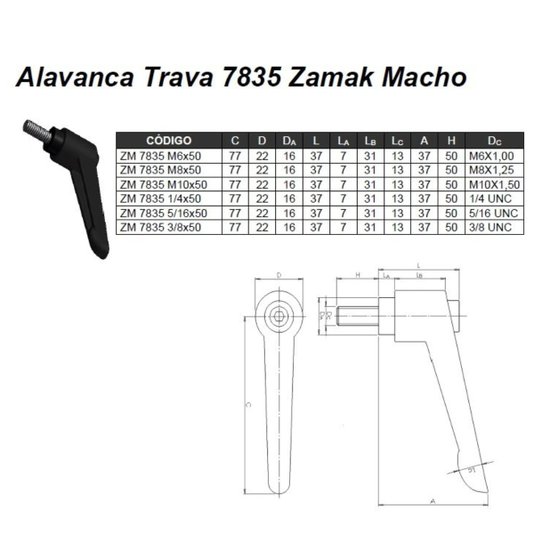 Manipulo Alavanca Trava Macho M8 X 50mm Zamak 7835 15 Und