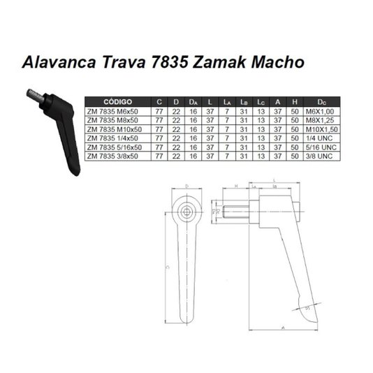 Manipulo Alavanca Trava Macho M8X25mm Zamak 7835 10 Unidade