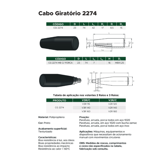 Manipulo Cabo Giratório Cg 2274 M8 para Volante Industrial