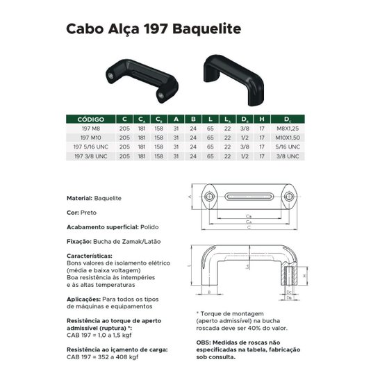 Manipulo Puxador Alça Cabo M10 Baquelite 197- 50 Unidade