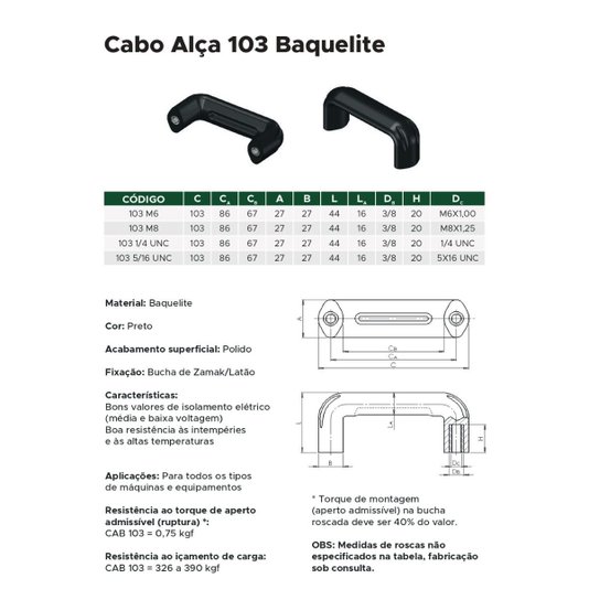 Manipulo Puxador Alça Cabo M6 Baquelite 103- 20 Unidade