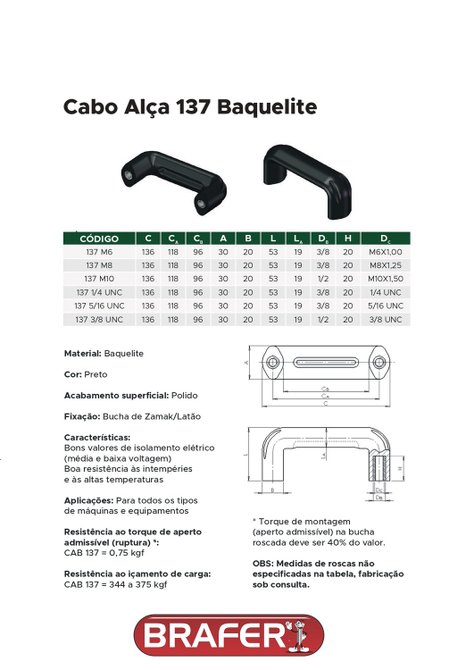 Manipulo Puxador Alça Cabo M8 Baquelite 137- 20 Unidade