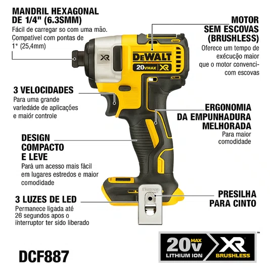 Parafusadeira de Impacto 20v 1/4 Sem Bateria Dcf860b Dewalt