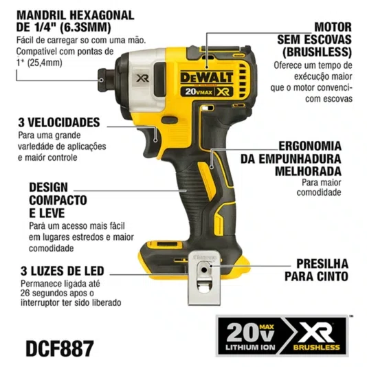 Parafusadeira Impacto 20v 1/4 Dcf860b Com 2 Baterias Dewalt