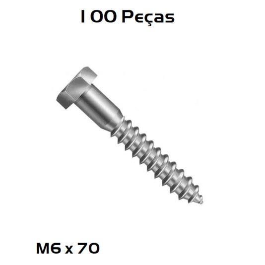 Parafuso Inox Sextavado Rosca Soberba M6 x 70 - 100 Unidade