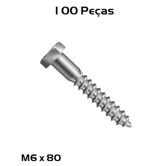 Parafuso Inox Sextavado Rosca Soberba M6 x 80 100 Unidade