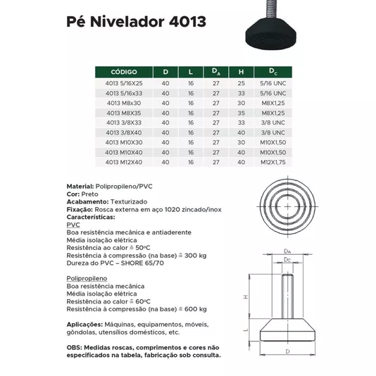Pé Nivelador 4013 M10 X 30 Pp - 10 Unidades