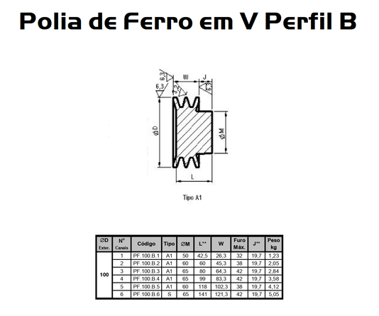 Polia Ferro Fundido 100mm C/ 2 Canais Perfil B 100b2