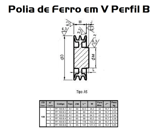 Polia Ferro Fundido 100mm C/ 6 Canais Perfil B 100b6