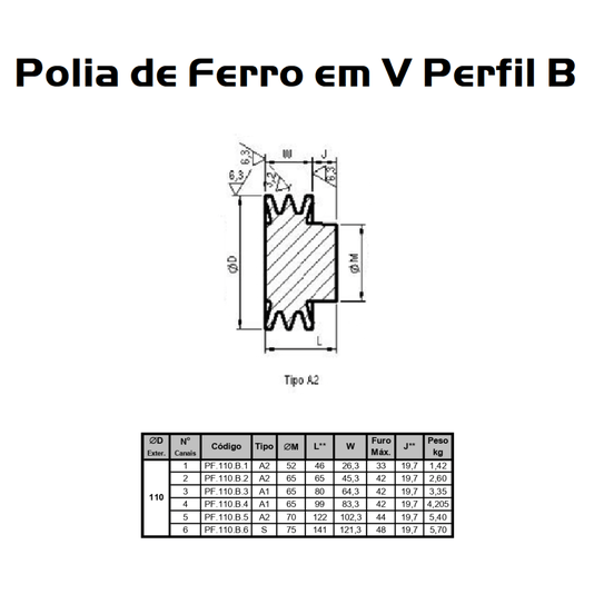 Polia Ferro Fundido 110mm C/ 2 Canais Perfil B 110b2