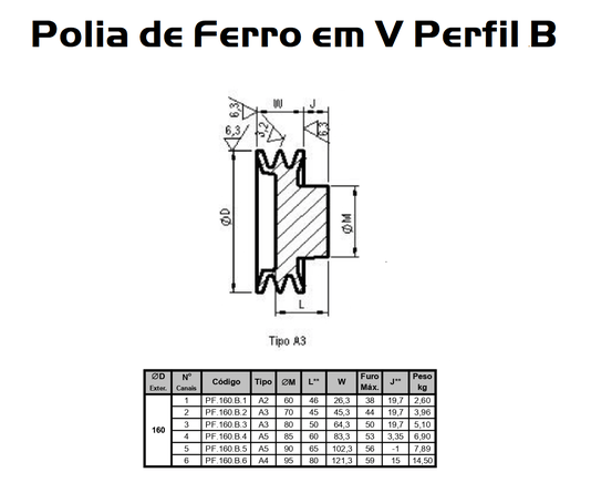 Polia Ferro Fundido 160mm C/ 2 Canais Perfil B 160b2
