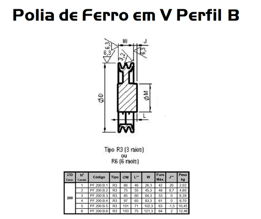Polia Ferro Fundido 200mm C/ 2 Canais Perfil B 200b2