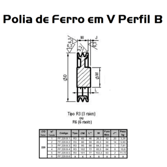 Polia Ferro Fundido 220mm C/ 3 Canais Perfil B 220b3