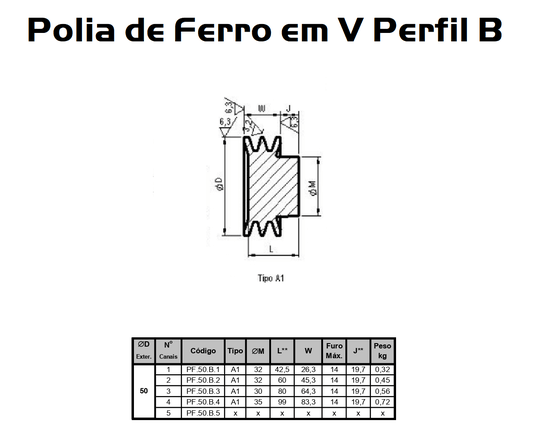 Polia Ferro Fundido 50mm C/ 2 Canais Perfil B 50b2