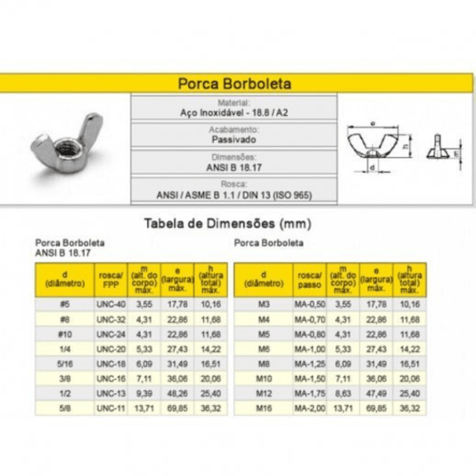 Porca Borboleta 1/4 Inox 20 Unc Polegadas 20 Unidade