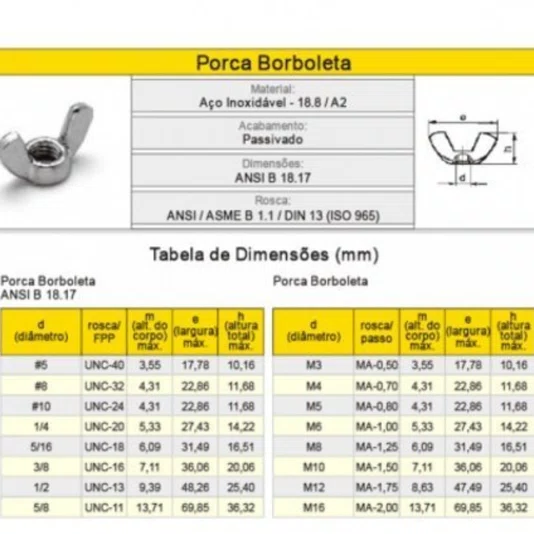 Porca Borboleta 3/8 Aço Inox 16 Unc Polegadas 20 Unidades