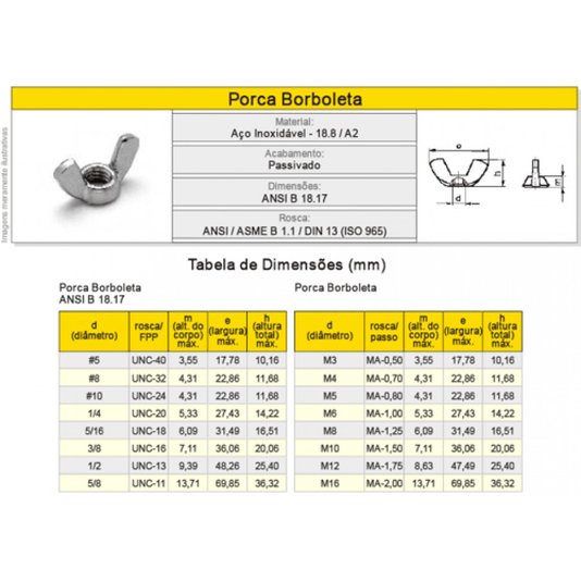 Porca Borboleta M6 Inox MA 1.0 Milimetros 100 Und