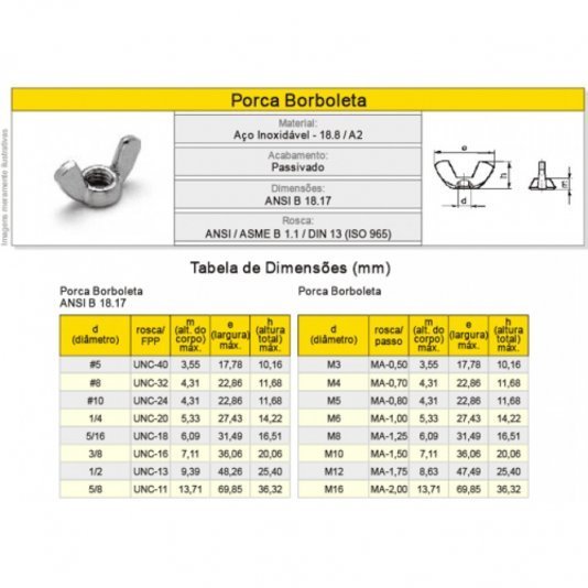 Porca Borboleta M8, M10, M12 Inox 18 Unidade