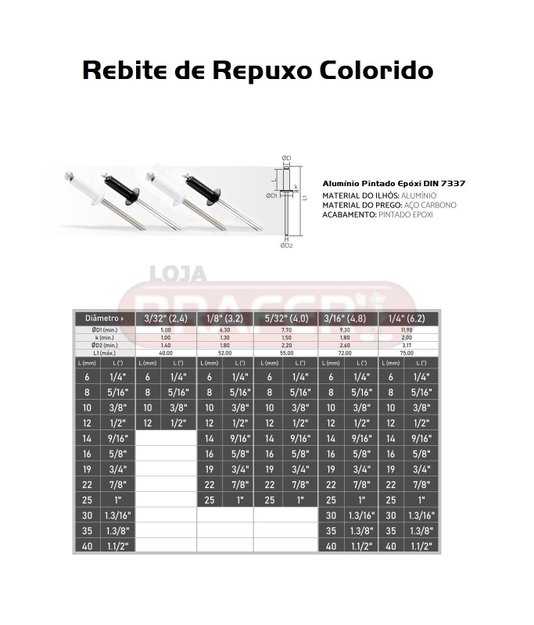Rebite Repuxo Preto 3,2 X 14 Aluminio