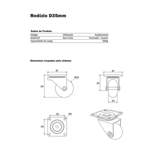 Rodinha Giratoria Silicone 35mm Placa 12 Und