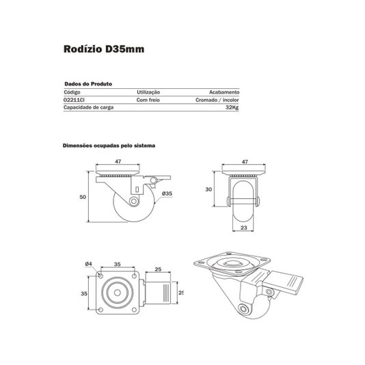 Rodinha Giratoria Silicone 35mm Trava Placa para Moveis Hdt