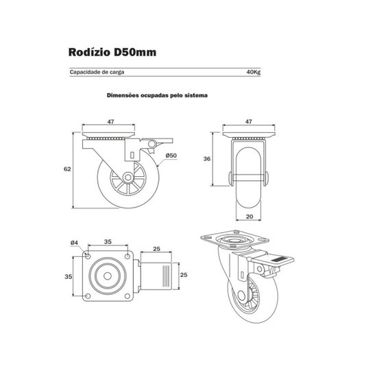 Rodinha Giratoria Silicone 50mm Trava Placa para Moveis Hdt