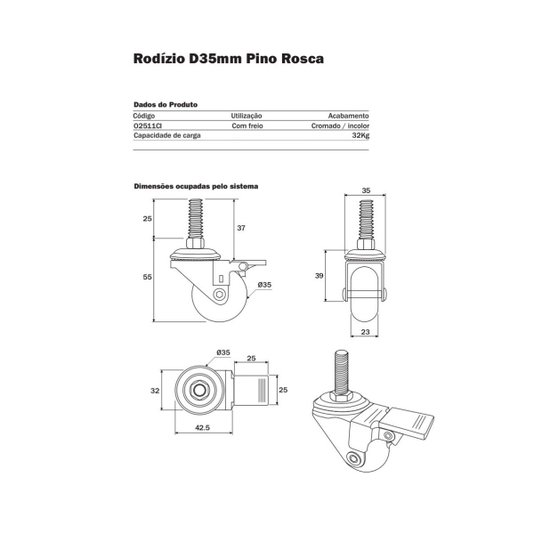Rodizio Giratorio Silicone 35mm Trava e Pino para Moveis Hdt