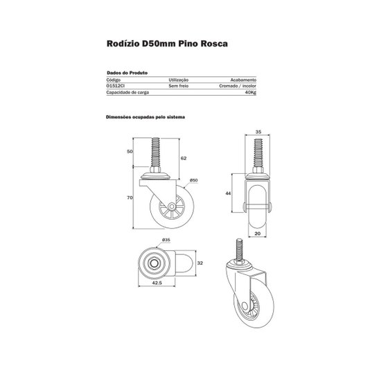 Rodizio Giratorio Silicone 50mm Pino 4 Unidade HDT