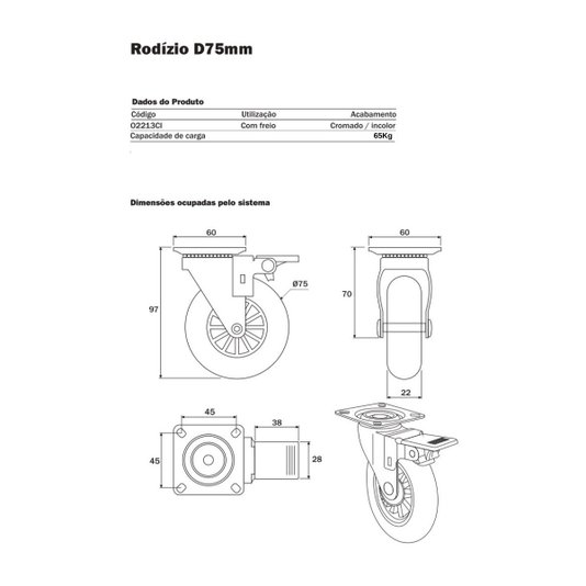 Rodizio Giratorio Silicone 75mm Trava Placa para Moveis Hdt