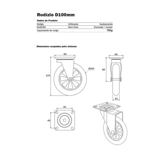 Rodizio Silicone Giratório Roda 100mm 2 c/  2 s/ Trava 4 Und