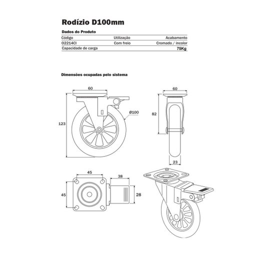 Rodizio Silicone Giratório Roda 100mm 2 c/  2 s/ Trava 4 Und