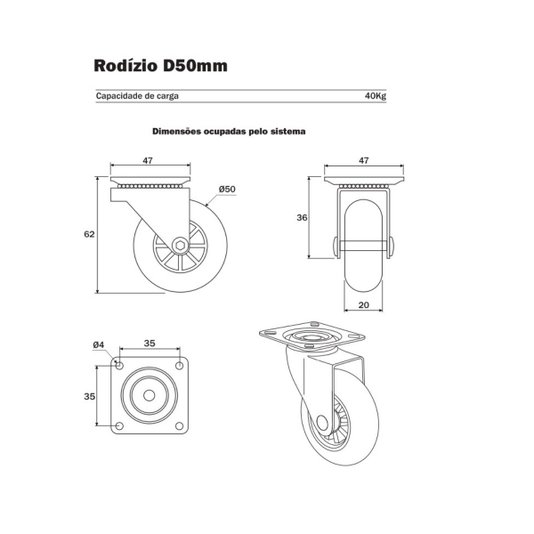 Rodizio Silicone Giratório Roda 50mm 2 c/ + 2 s/ Trava 4 Und
