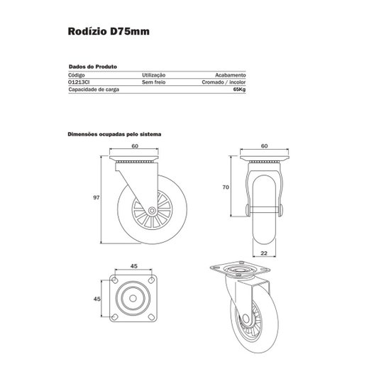 Rodizio Silicone Giratório Roda 75mm 3 c/ + 3 s/ Trava 6 Und