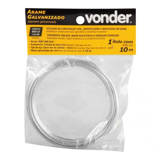 Rolo Arame Galvanizado Comercial Nº 18 Bwg 1,24mm 10 Metros