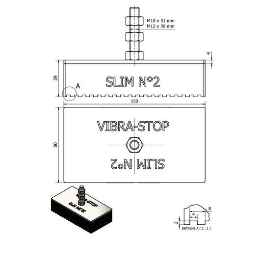 Sapata de Borracha Slim 150 X 80 X 39mm 800 Kg Parafuso M12