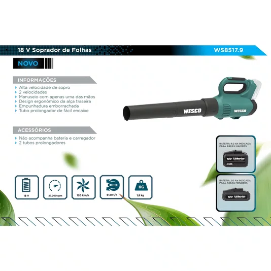 Soprador de Folhas Portátil 18v Sem Bateria Wesco Ws8517.9