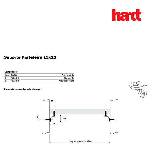 Suporte de Prateleira 13mm X 13mm Alumínio Niquelado