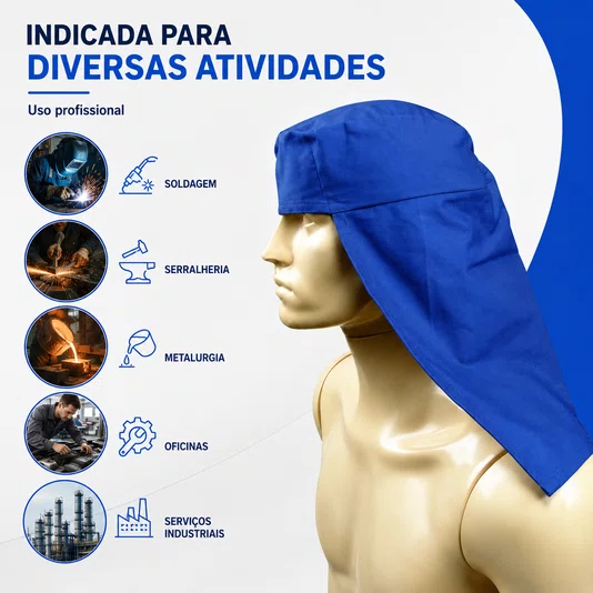 Touca Soldador Brim Azul Proteção Respingo Solda Cabeça Nuca