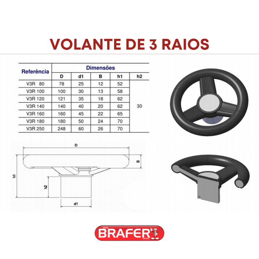 Volante 180mm 3 Raios Cubo em Ferro Fundido V3r 180