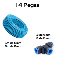 Kit 4 Emenda União T 6mm e 8mm + 10m de Tubo PU 6mm e 8mm