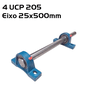 4 Mancal Pedestal + Rolamento Ucp205 + 1 Eixo 500mm